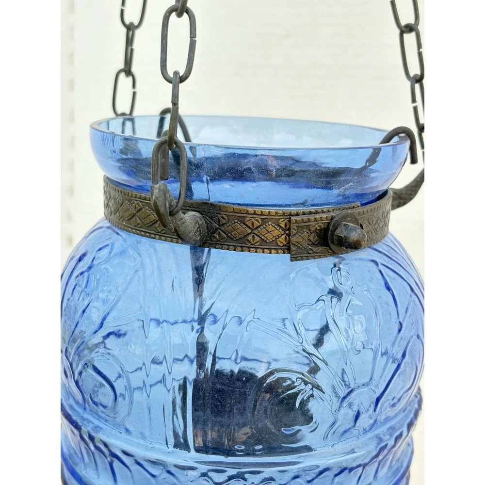 Antique hanging Blue Glass Bell Jar Candle Lantern ~ Pendant Bell